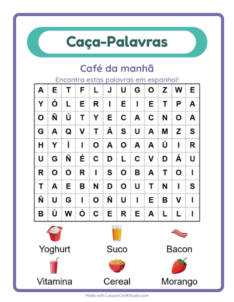 Prévia: Aprender espanhol: Café da manhã – caça-palavras para crianças