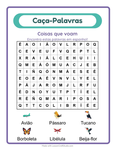 Caça-palavras em espanhol – Coisas que voam