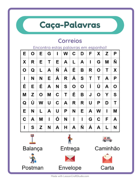 Prévia: Aprender espanhol: Correios – caça-palavras para crianças