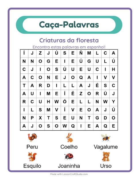 Caça-palavras em espanhol – Criaturas da floresta