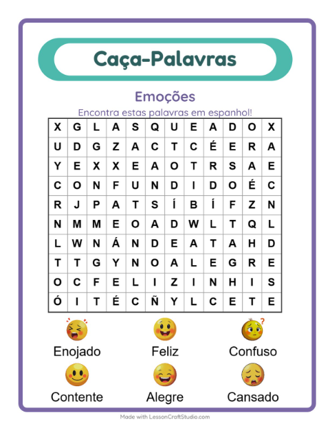 Caça-palavras em espanhol – Emoções