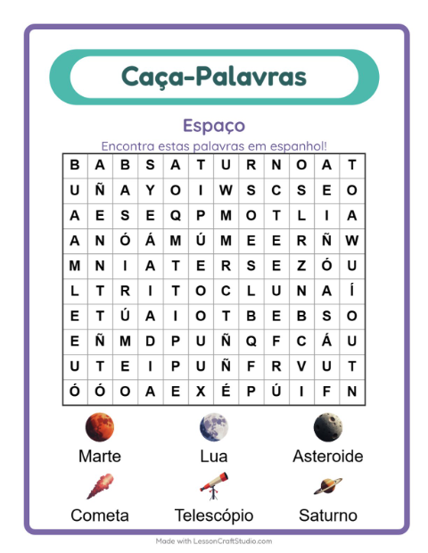 Prévia: Aprender espanhol: Espaço – caça-palavras para crianças
