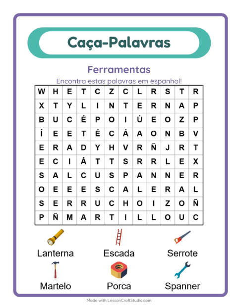 Prévia: Aprender espanhol: Ferramentas – caça-palavras para crianças