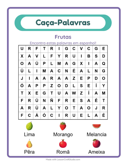 Caça-palavras em espanhol – Frutas