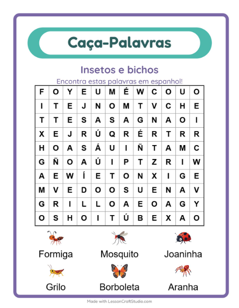 Caça-palavras em espanhol – Insetos e bichos