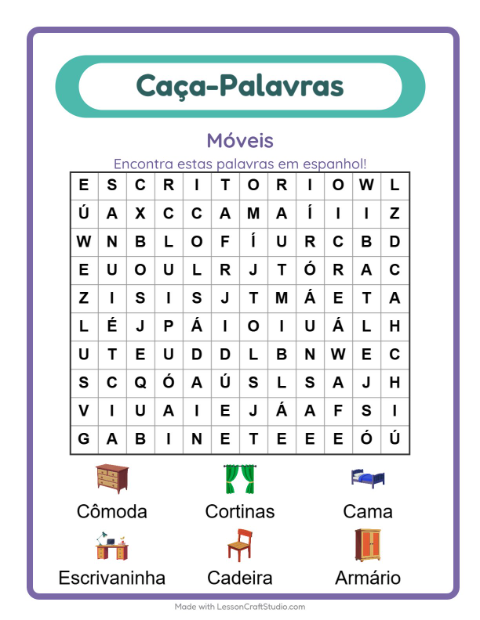 Prévia: Aprender espanhol: Móveis – caça-palavras para crianças