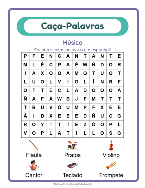 Prévia: Aprender espanhol: Música – caça-palavras para crianças