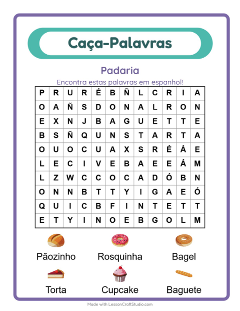 Caça-palavras em espanhol – Padaria