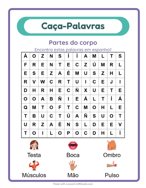 Prévia: Aprender espanhol: Partes do corpo – caça-palavras para crianças