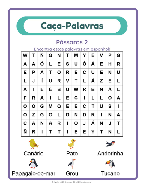 Caça-palavras em espanhol – Pássaros 2