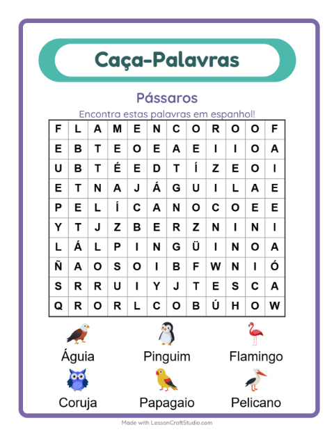 Caça-palavras em espanhol – Pássaros
