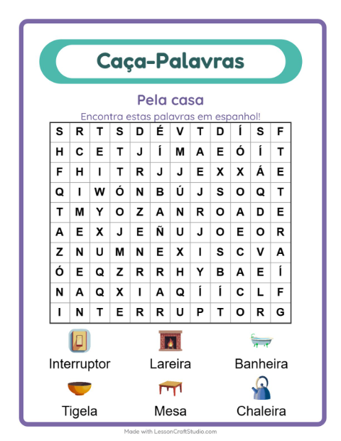 Caça-palavras em espanhol – Pela casa