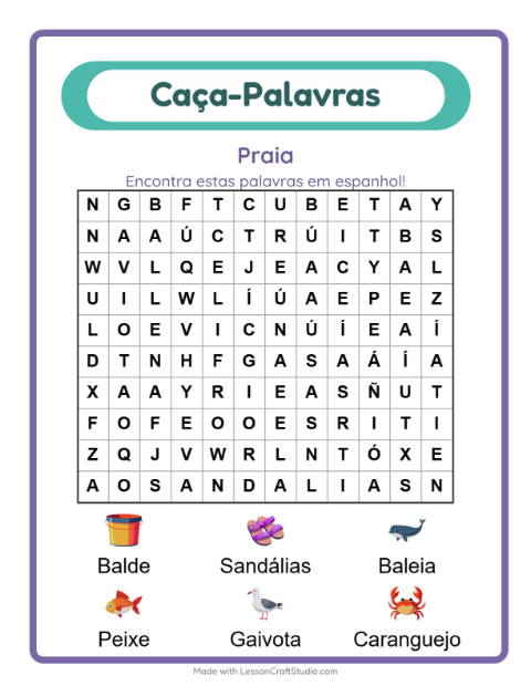 Caça-palavras em espanhol – Praia