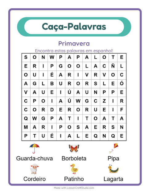 Prévia: Aprender espanhol: Primavera – caça-palavras para crianças