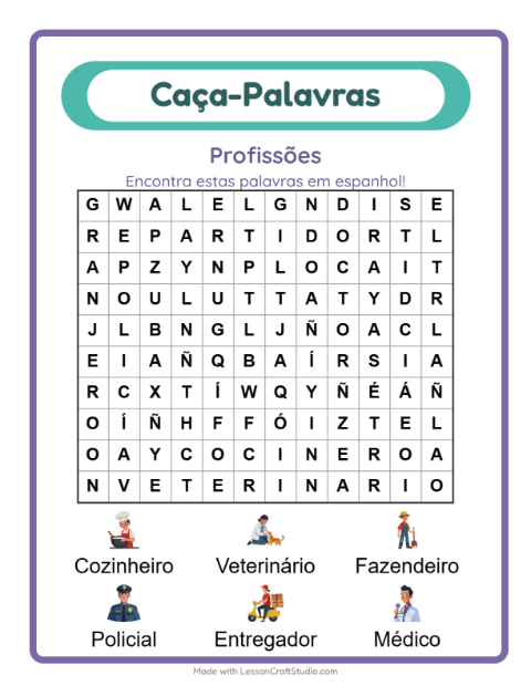 Caça-palavras em espanhol – Profissões