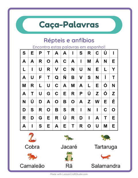 Caça-palavras em espanhol – Répteis e anfíbios