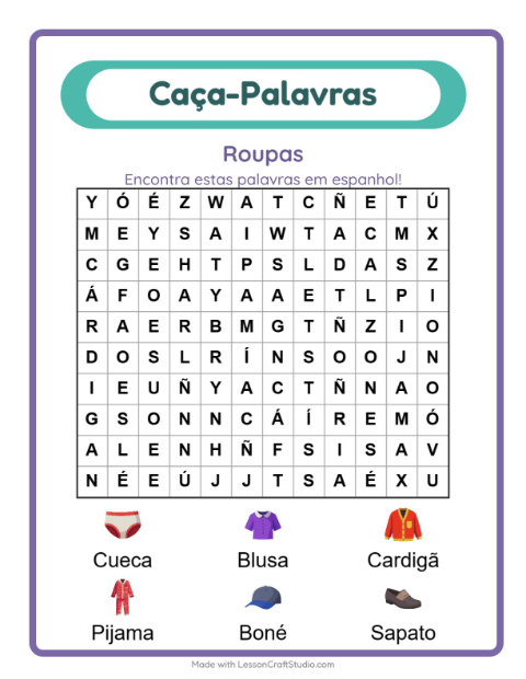 Caça-palavras em espanhol – Roupas
