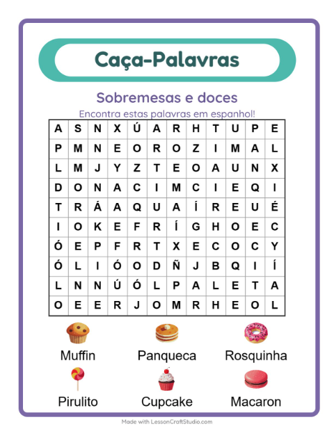 Caça-palavras em espanhol – Sobremesas e doces