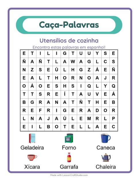 Caça-palavras em espanhol – Utensílios de cozinha