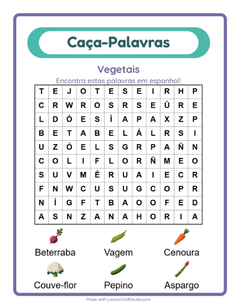 Caça-palavras em espanhol – Vegetais
