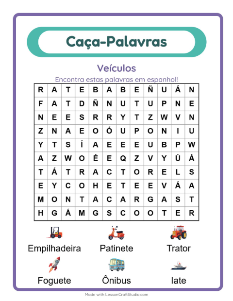 Caça-palavras em espanhol – Veículos