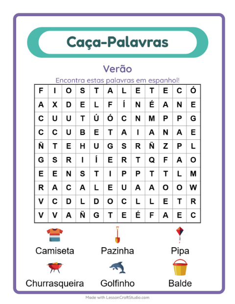 Caça-palavras em espanhol – Verão