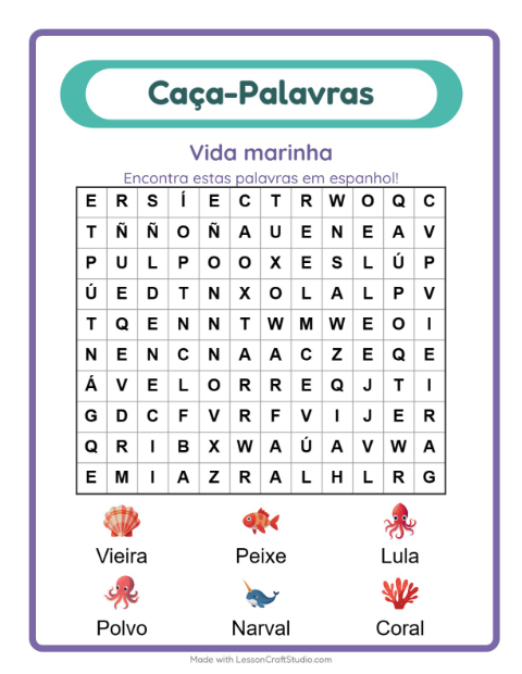 Caça-palavras em espanhol – Vida marinha