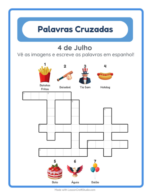Pré-visualização da ficha de Palavras Cruzadas com 4 de Julho para 2º ano do ensino fundamental
