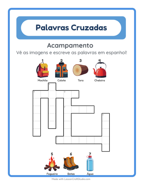Palavras cruzadas em espanhol com imagens – Acampamento