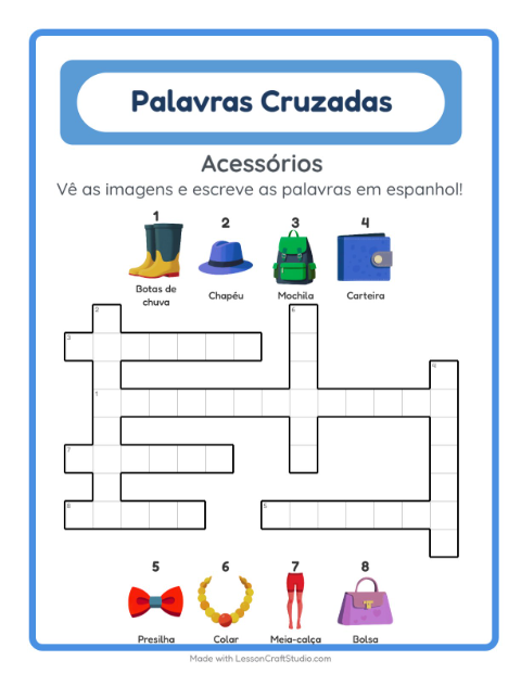 Palavras cruzadas em espanhol com imagens – Acessórios