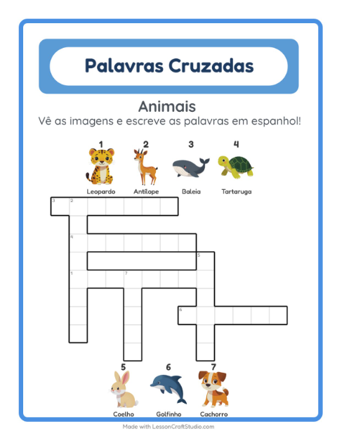 Palavras cruzadas em espanhol com imagens – Animais