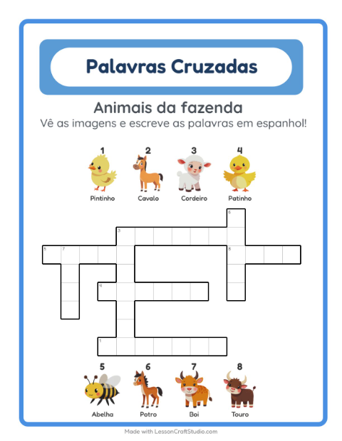 Palavras cruzadas em espanhol com imagens – Animais da fazenda