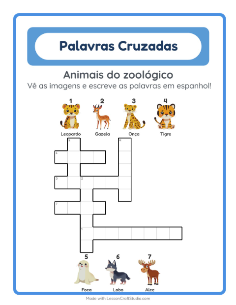 Palavras cruzadas em espanhol com imagens – Animais do zoológico