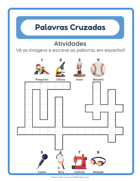 Palavras cruzadas em espanhol com imagens – Atividades