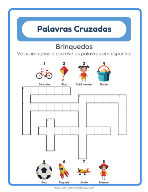 Palavras cruzadas em espanhol com imagens – Brinquedos