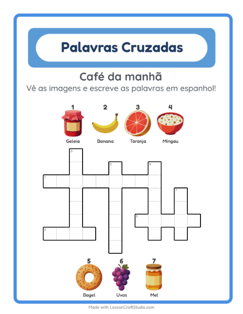 Palavras cruzadas em espanhol com imagens – Café da manhã