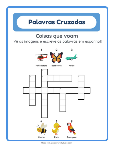 Palavras cruzadas em espanhol com imagens – Coisas que voam