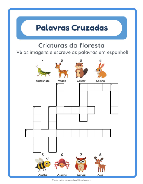 Palavras cruzadas em espanhol com imagens – Criaturas da floresta