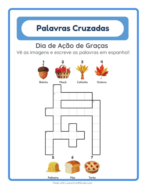 Palavras cruzadas em espanhol com imagens – Dia de Ação de Graças