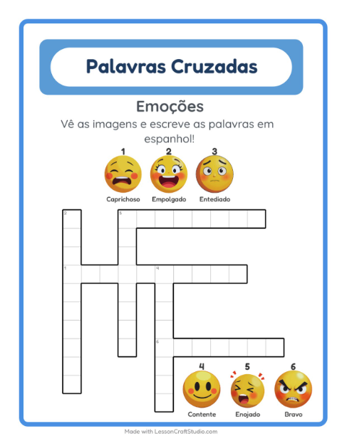 Palavras cruzadas em espanhol com imagens – Emoções