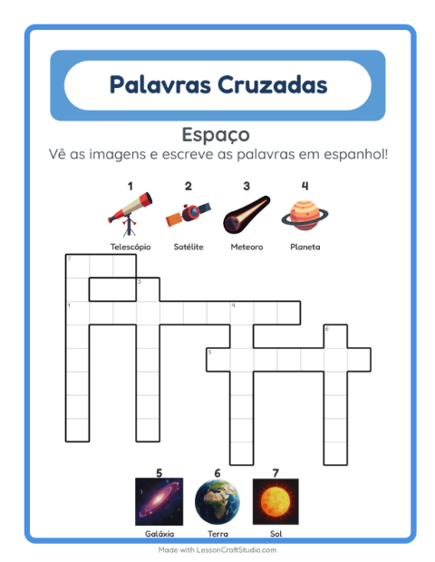 Prévia: Aprender espanhol: Espaço – palavras cruzadas para crianças