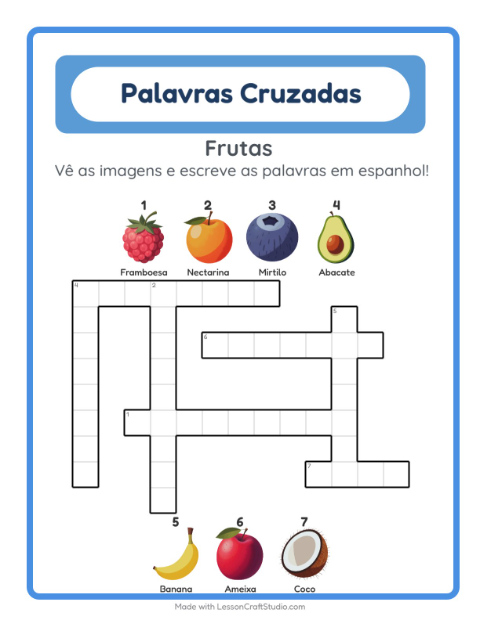 Palavras cruzadas em espanhol com imagens – Frutas