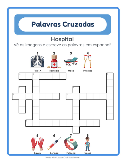 Palavras cruzadas em espanhol com imagens – Hospital
