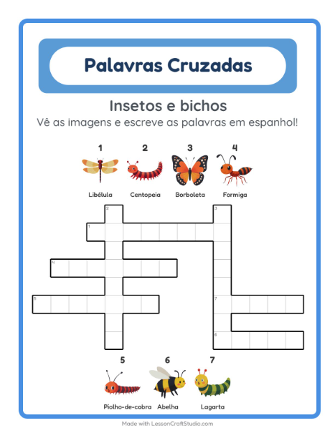 Palavras cruzadas em espanhol com imagens – Insetos e bichos