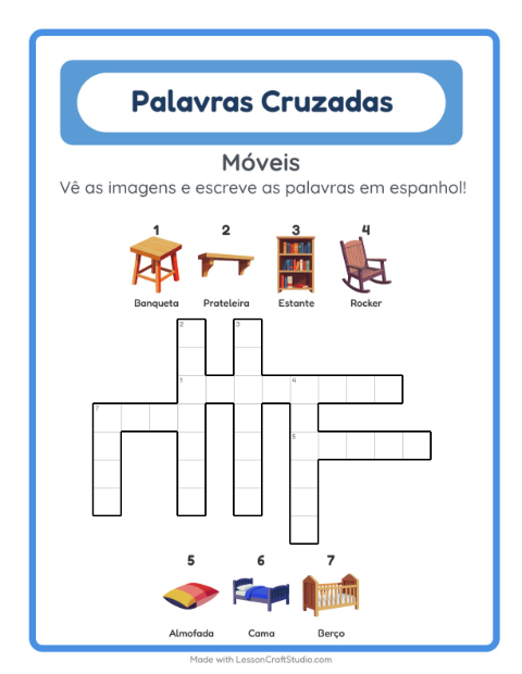 Prévia: Aprender espanhol: Móveis – palavras cruzadas para crianças