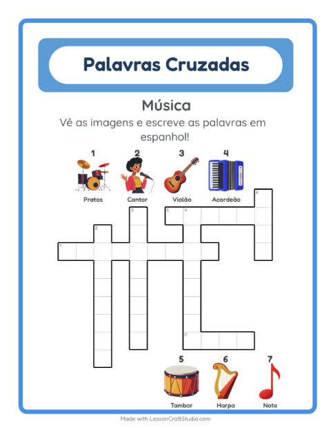 Palavras cruzadas em espanhol com imagens – Música