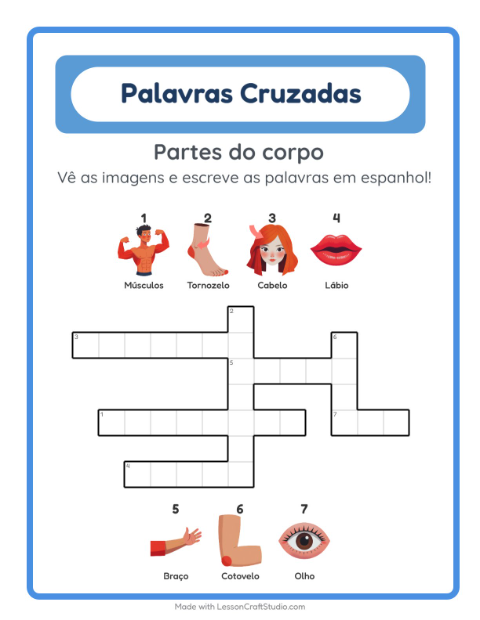 Palavras cruzadas em espanhol com imagens – Partes do corpo
