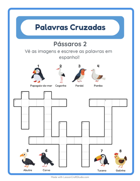 Prévia: Aprender espanhol: Pássaros 2 – palavras cruzadas para crianças