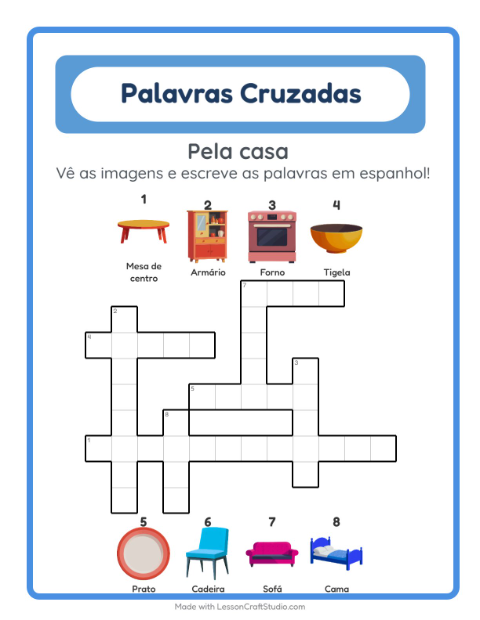 Palavras cruzadas em espanhol com imagens – Pela casa
