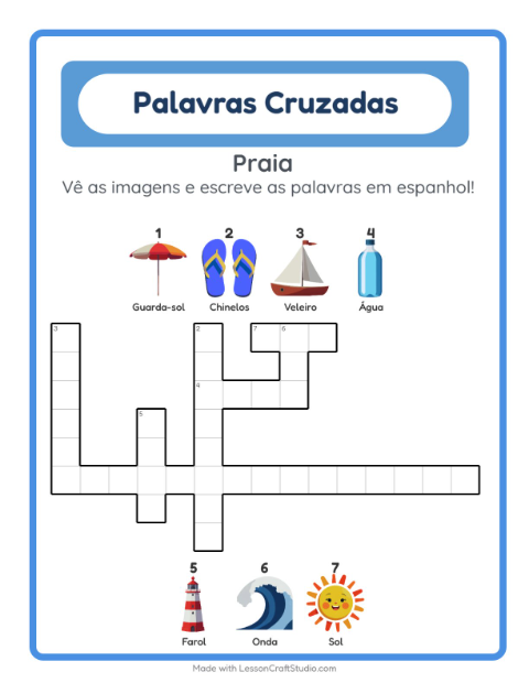 Palavras cruzadas em espanhol com imagens – Praia